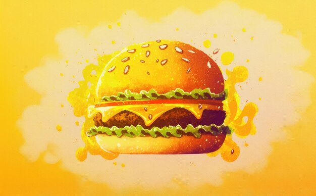 黄色の背景に描かれたチーズバーガー水彩ファーストフードイラストai生成