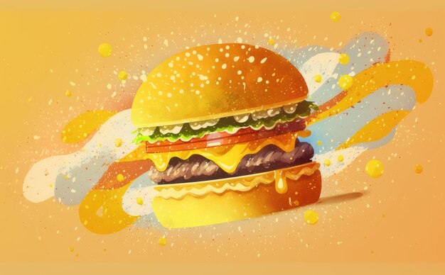 Photo a drawn cheeseburger on yellow background watercolor fast food illustrations ai generated