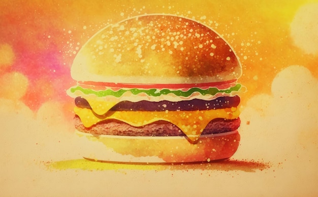 Photo a drawn cheeseburger on yellow background watercolor fast food illustrations ai generated