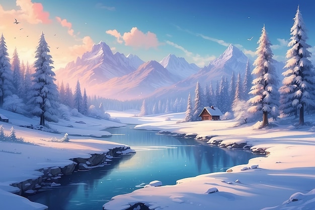 Нарисованные холодные зимние пейзажные обои