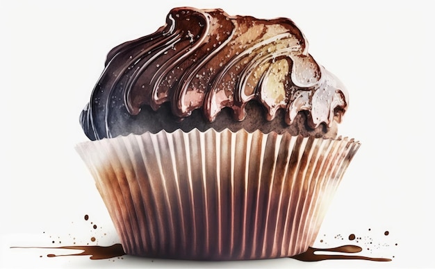 A drawn chocolate muffin cupcake on white background watercolor pastry illustrations ai generated