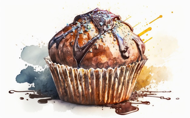 A drawn chocolate muffin cupcake on white background watercolor pastry illustrations ai generated