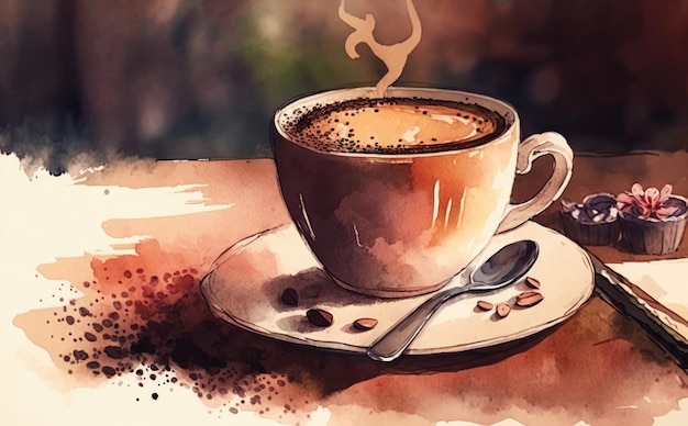 Photo a drawn cup of coffee arabica watercolor cappuccino latte illustrations ai generated