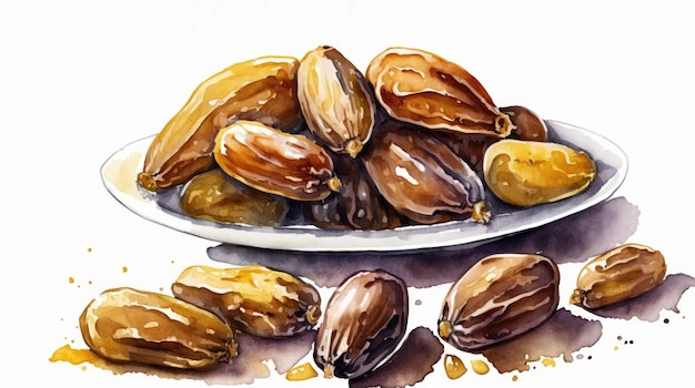 A drawn dates on white background watercolor fruits organic food illustrations ai generated