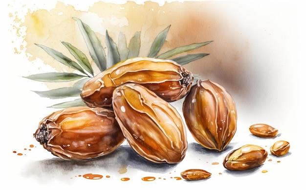 A drawn dates on white background watercolor fruits organic food illustrations ai generated