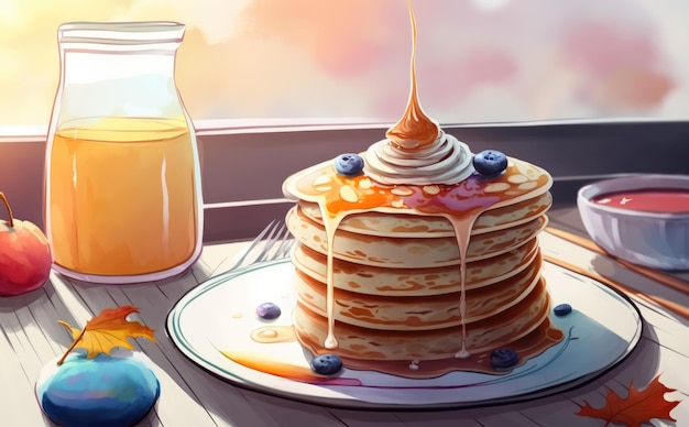 Photo a drawn delicious pancakes watercolor pastry illustrations ai generated