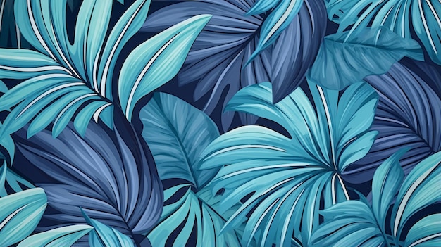 Drawn exotic tropical leaves on blue wall