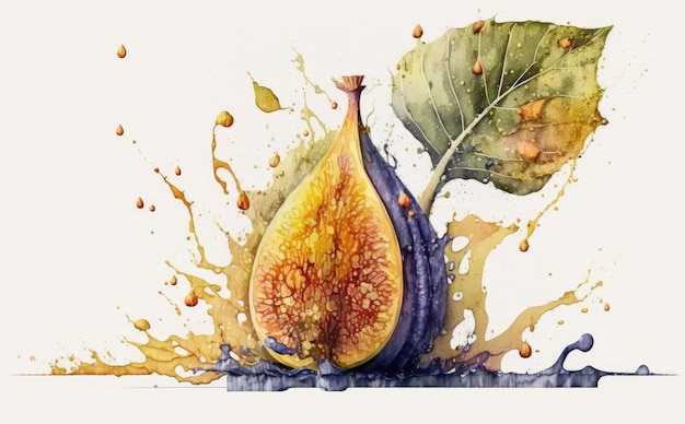 A drawn fig on white background watercolor tropical fruit organic food illustrations ai generated