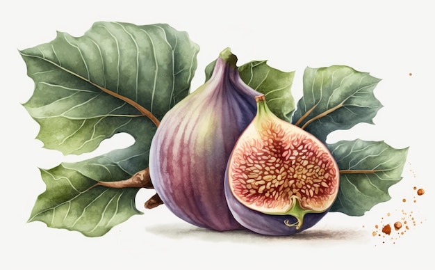 A drawn fig on white background watercolor tropical fruit organic food illustrations ai generated