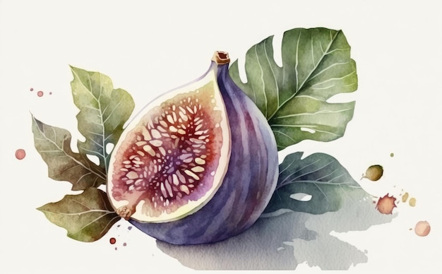 Foto un fico disegnato su sfondo bianco acquerello frutta tropicale illustrazioni di alimenti biologici ai generato