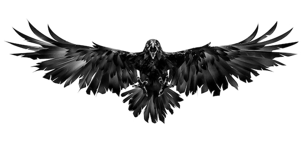 drawn flying raven on a white background