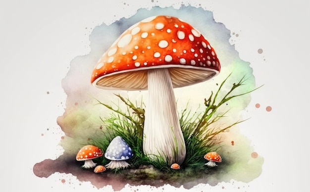 白い背景に描かれた森のキノコ水彩有機食品イラストai生成