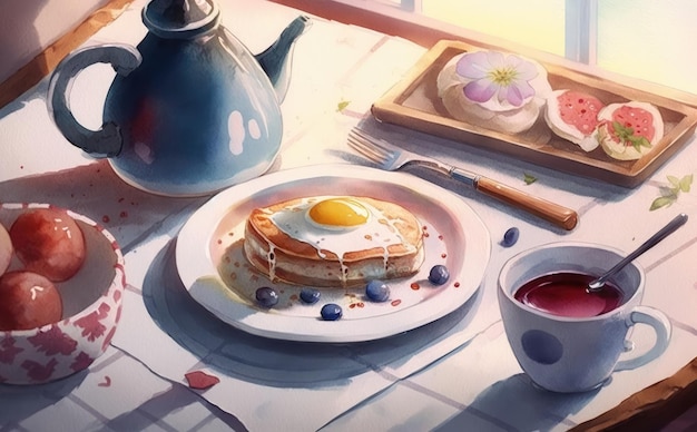 描かれた新鮮な健康的な朝食の水彩画の朝食用食品イラストai生成
