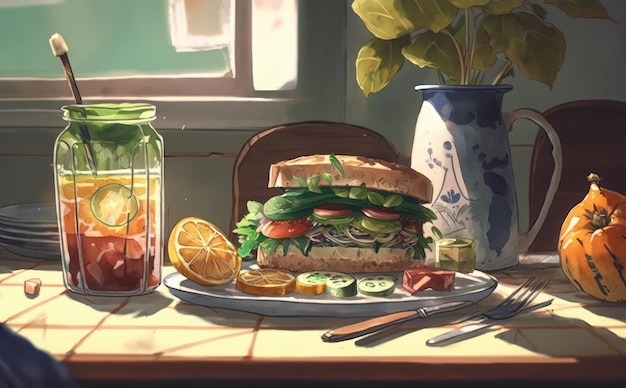아침 식사 수채화 아침 음식 일러스트 ai 생성을 위한 신선한 건강 샌드위치를 그렸습니다.