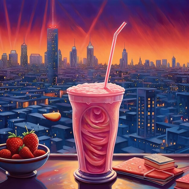 Drawn fruit smoothie in a glass glass closeup on the background of the city Generative ai