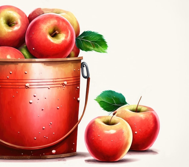 drawn full bucket of apples watercolor fruit organic food illustrations ai generated