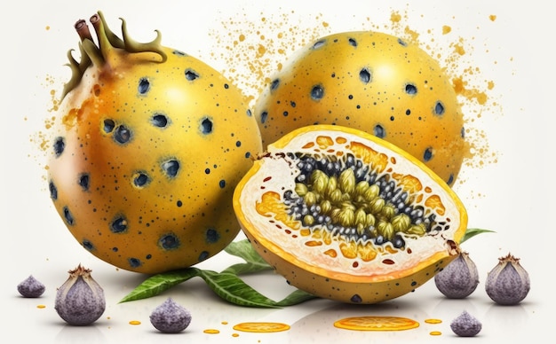 drawn granadilla or passion fruit on white background watercolor exotic fruit organic ai generated
