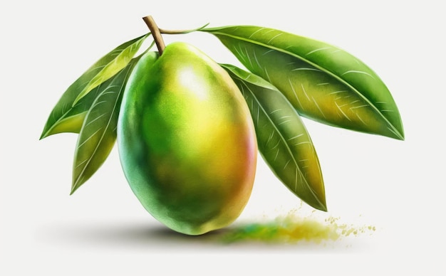 Drawn green mango on white background watercolor tropical exotic fruit organic food ai generated