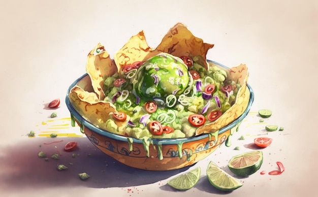 drawn guacamole nachos watercolor traditional Mexican cuisine healthy organic food ai generated