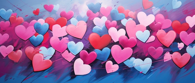 Photo drawn hearts on a blue background background for texture wrapping paper fashion illustration banner valentines day