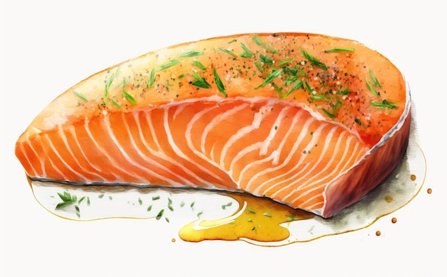 A drawn hot smoked salmon steak on white background watercolor seafood illustrations ai generated