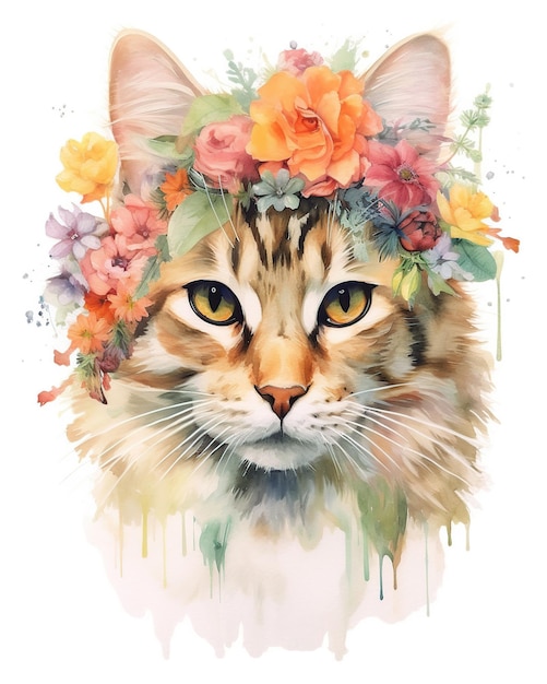 Drawn illustration of cat with flowers AI generated