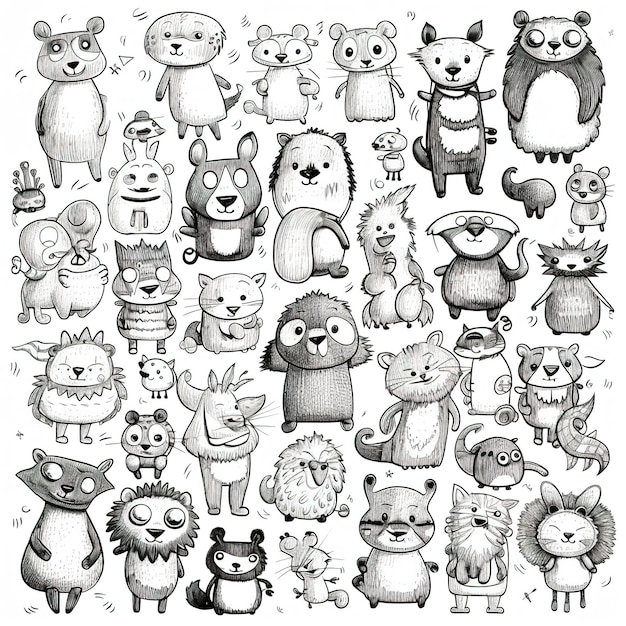 Photo drawn illustration cute doodle animals