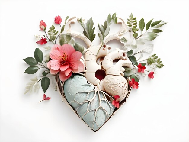 Фото Иллюстрация человеческого сердца и цветов