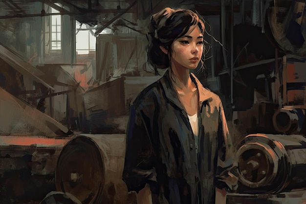 drawn image of a female mechanic in the industrial field