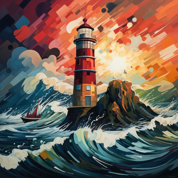 A drawn lighthouse during a storm