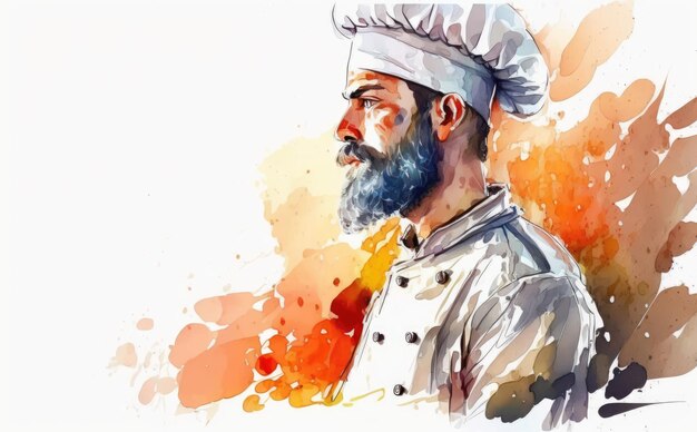 a drawn man chef on white background watercolor restaurant illustrations ai generated