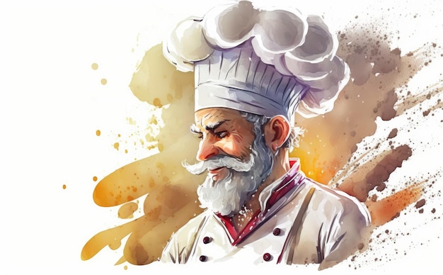 a drawn man chef on white background watercolor restaurant illustrations ai generated