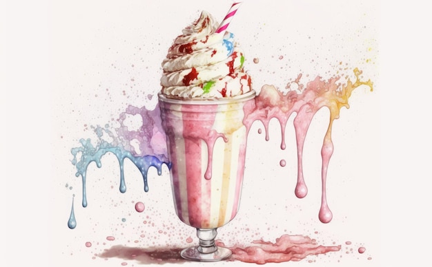 a drawn milkshake on white background watercolor sweets food illustrations ai generated