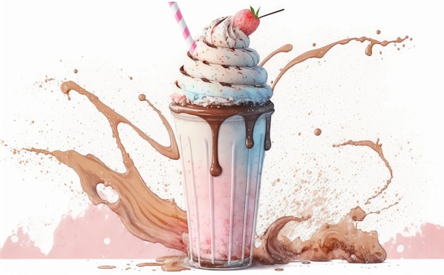 нарисованный молочный коктейль на белом фоне акварельные сладости еда иллюстрации сгенерированы ai