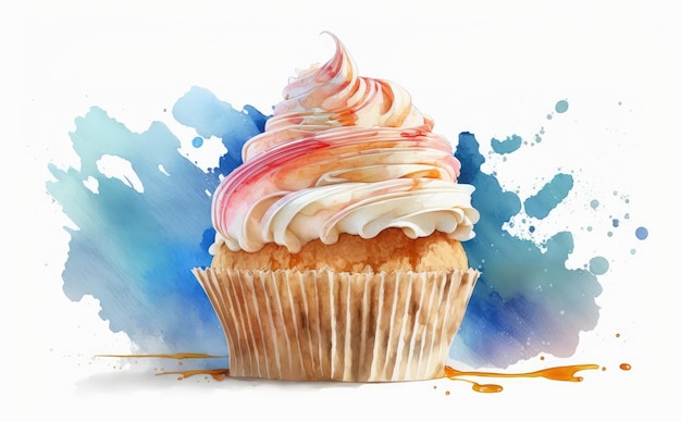 A drawn muffin with a whipped cream cupcake on white background watercolor pastry ai generated