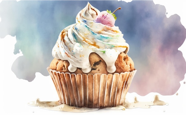 A drawn muffin with a whipped cream cupcake on white background watercolor pastry ai generated