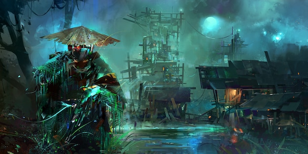 drawn night fantastic cyberpunk style landscape with a soldier