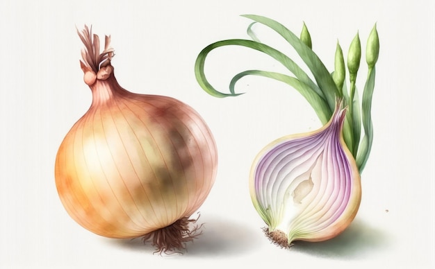 a drawn onion on white background watercolor vegetables organic illustrations ai generated