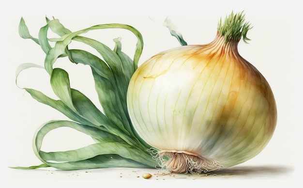 a drawn onion on white background watercolor vegetables organic illustrations ai generated