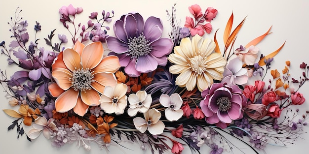Нарисованные цветы в акварельном стиле с множеством цветов