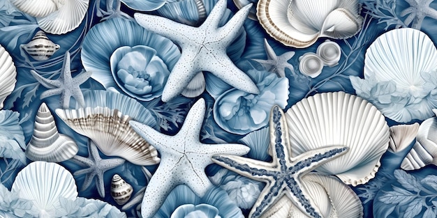 Drawn pattern of seashells and starfish illustration in blue and white colores