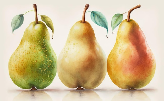 A drawn pears on white background watercolor fruit organic food illustrations ai generated