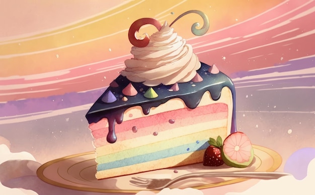 Photo a drawn piece of cake watercolor pastry and sweets illustrations ai generated