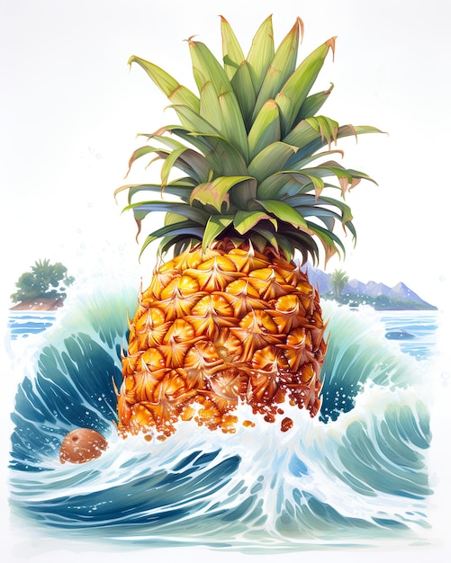 Drawn of a Pineapple and a Coconut on a Beach