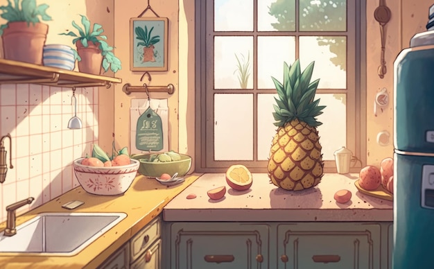 Нарисованный ананас на фоне кухни, акварель, экзотические тропические фрукты, органические, созданные искусственным интеллектом