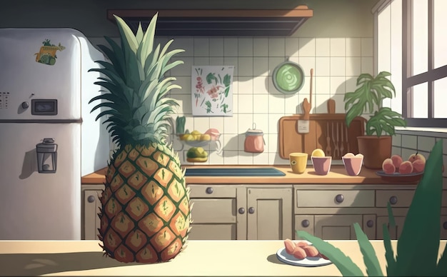 A drawn pineapple on the kitchen background watercolor exotic tropical fruit organic ai generated