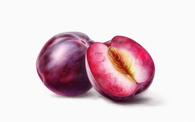 a drawn plum on white background watercolor fruits organic illustrations ai generated