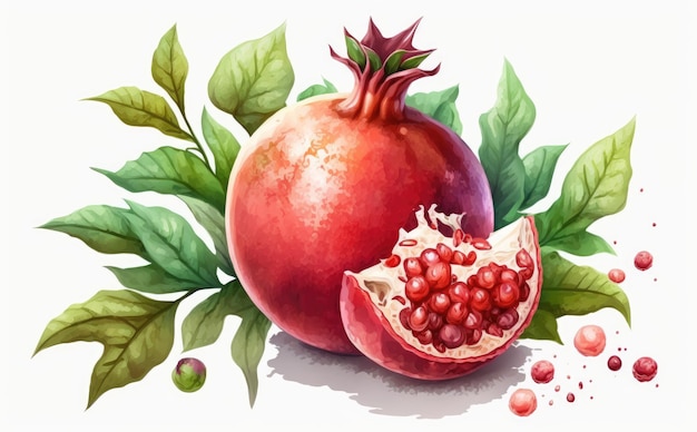 A drawn pomegranate on white background watercolor fruit organic food illustrations ai generated