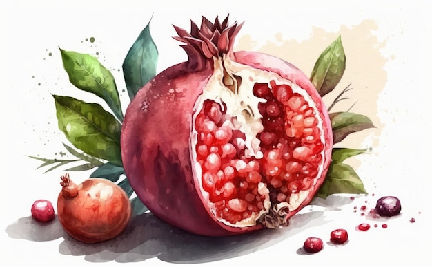 A drawn pomegranate on white background watercolor fruit organic food illustrations ai generated