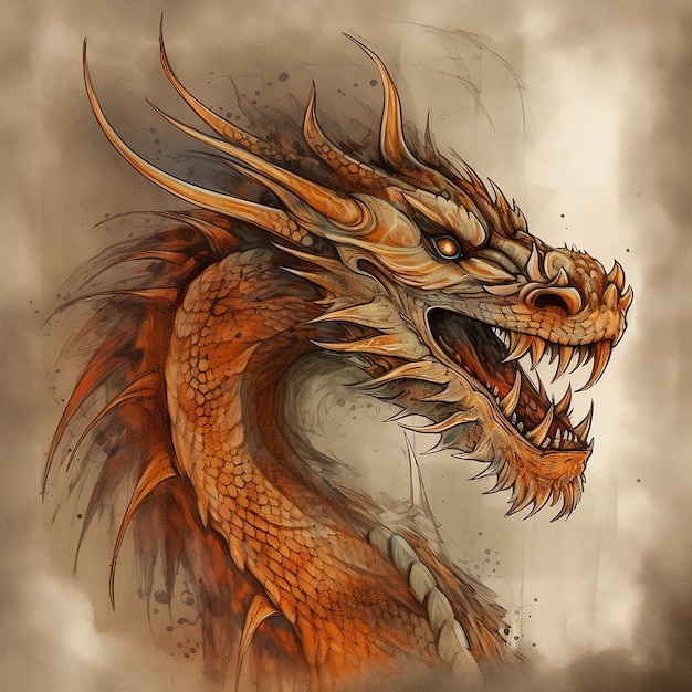 Drawn portrait of orange dragon